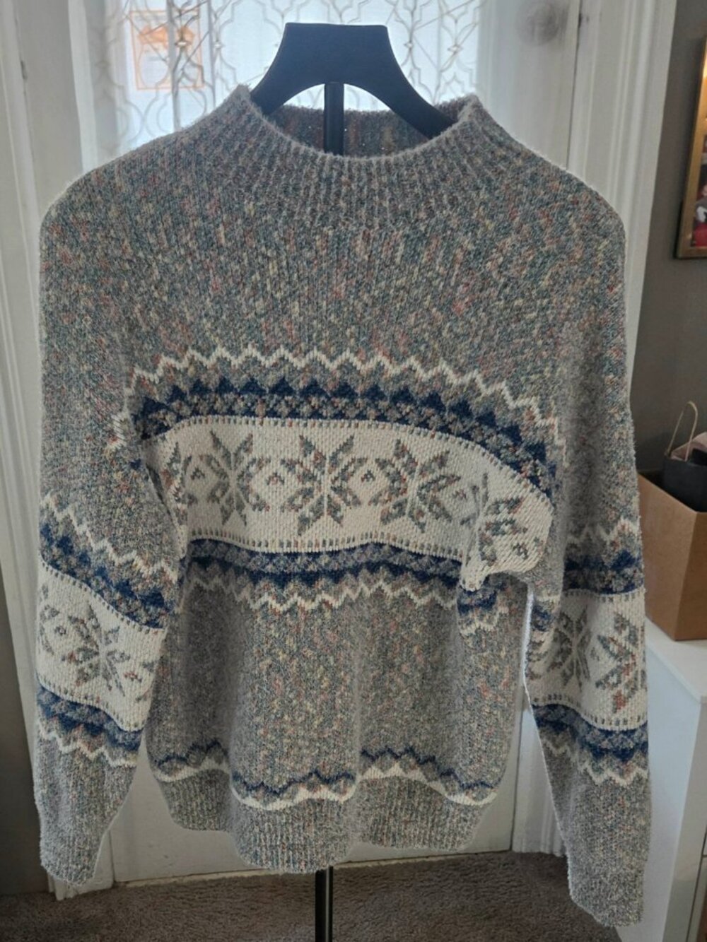 Fair Isle Snowflake Sweater Women's M Fuzzy Pastel Mock Neck Nordic Cozy Knit